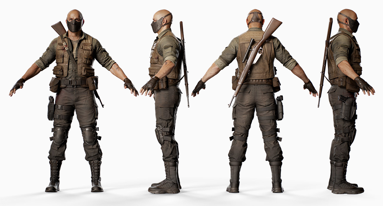 A-Pose version of the game-ready 3D bad guy character model, designed in Uncharted style and equipped with high-quality 16K texture maps.