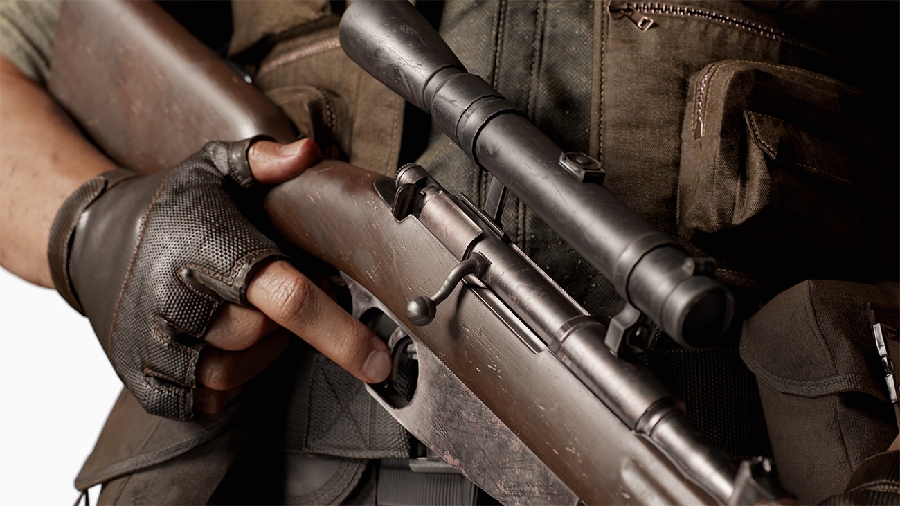 Close-up of the rifle accessory included with the game-ready 3D bad guy character, enhanced by high-quality 16K texture maps.