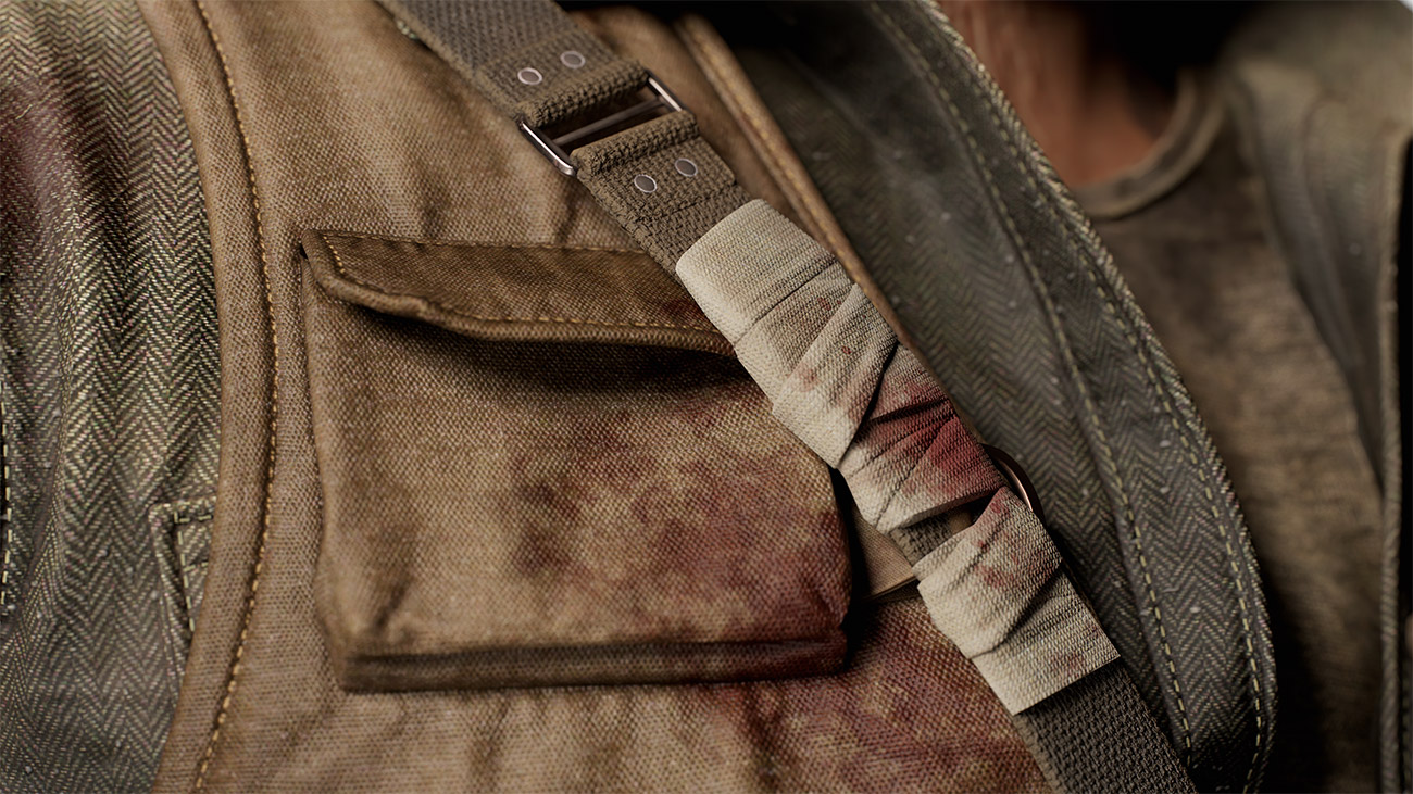 Close-up view of the strap details on the game-ready 3D bad guy character, featuring high-quality 16K texture maps.