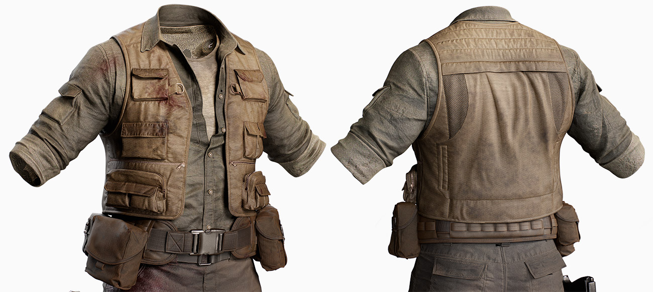Detailed view of the clothing elements on the game-ready 3D bad guy character model, designed in Uncharted style and featuring 16K texture maps.