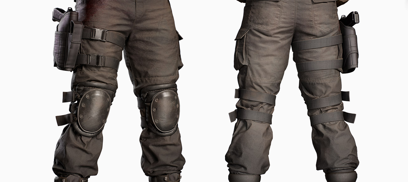 Close-up of the trouser details on the game-ready 3D bad guy character model, featuring high-quality 16K texture maps and designed in Uncharted style.
