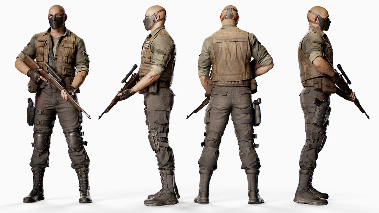 Posed lineup showcasing the game-ready 3D bad guy character model in Uncharted style, complete with 16K texture maps.