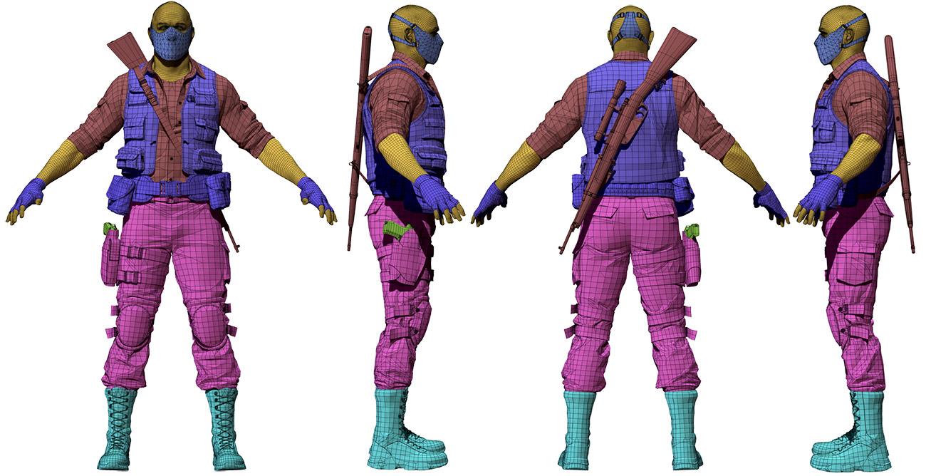 Wireframe view revealing the underlying structure of the game-ready bad guy character, suitable for both high-res ZBrush sculpt and low-res game mesh.