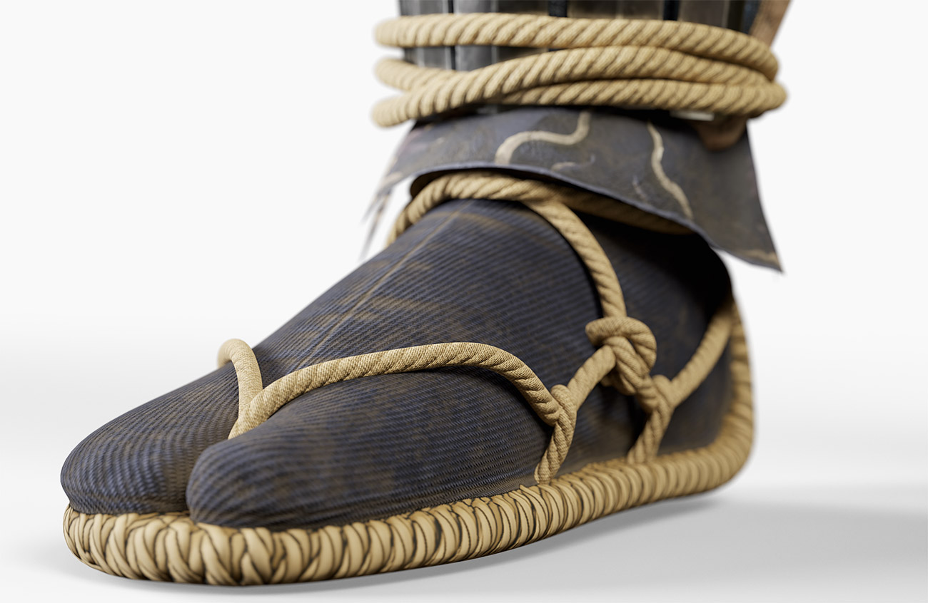 3D model of a samurai shoe on a foot