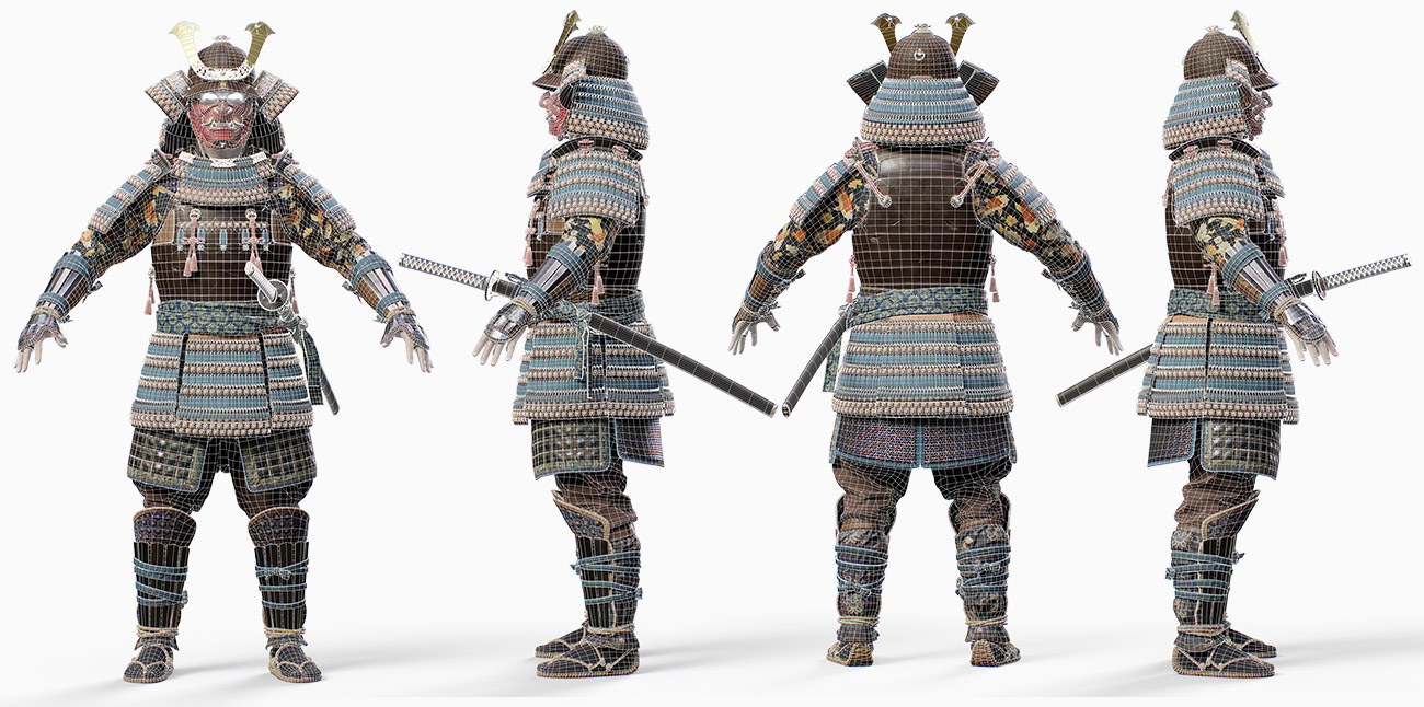 Wireframe of a samurai 3d model for blender