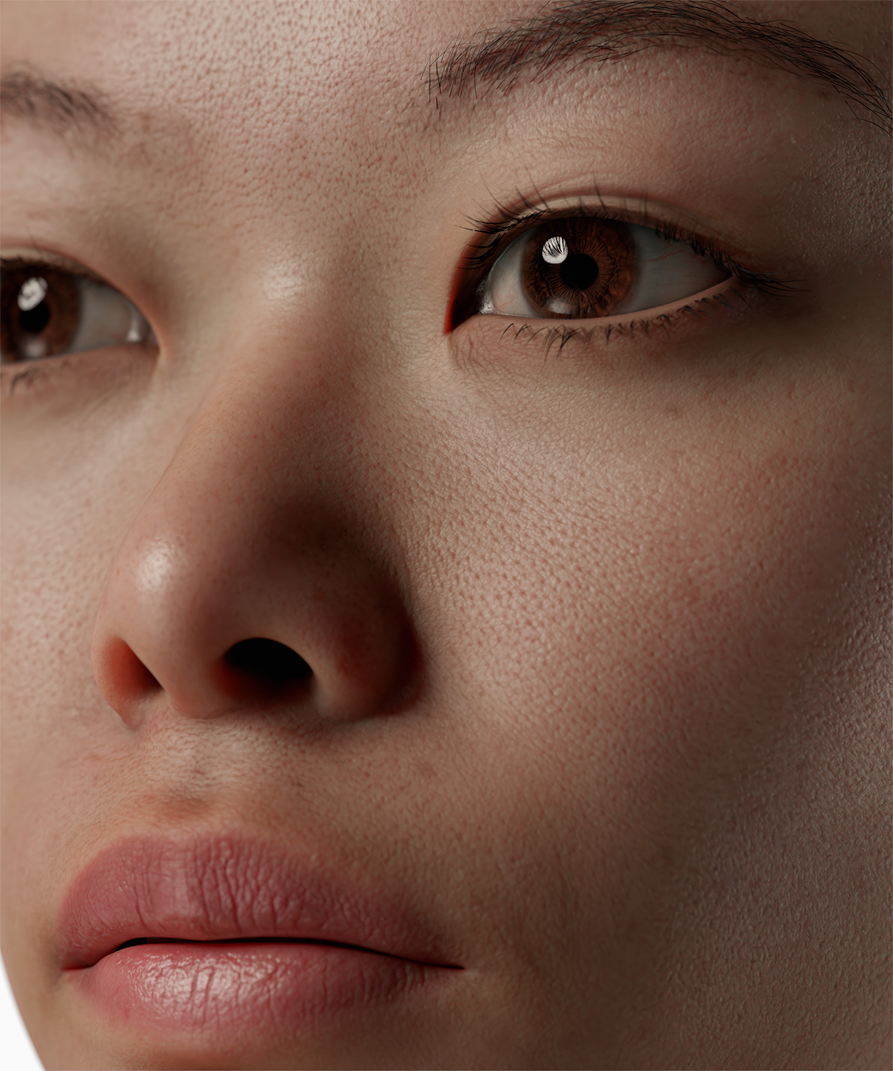 This 3D model features the head of an Asian woman in her 20's. The woman has a symmetrical face with distinct features, including almond-shaped eyes, a small nose, and full lips. The model has a high level of detail, including visible pores and fine lines on the skin. The woman's hair is styled in a classic cut with long layers, adding to her overall natural beauty. The model could be used in a variety of projects, including virtual reality simulations and video game characters.