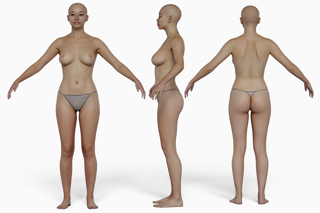 This 3D model depicts the wireframe view of an Asian woman in her 20's. The wireframe is composed of a series of interconnected lines that form the basic structure of the model. The wireframe view provides an essential tool for visualizing the model's underlying geometry, which can be helpful for animation and rigging purposes.