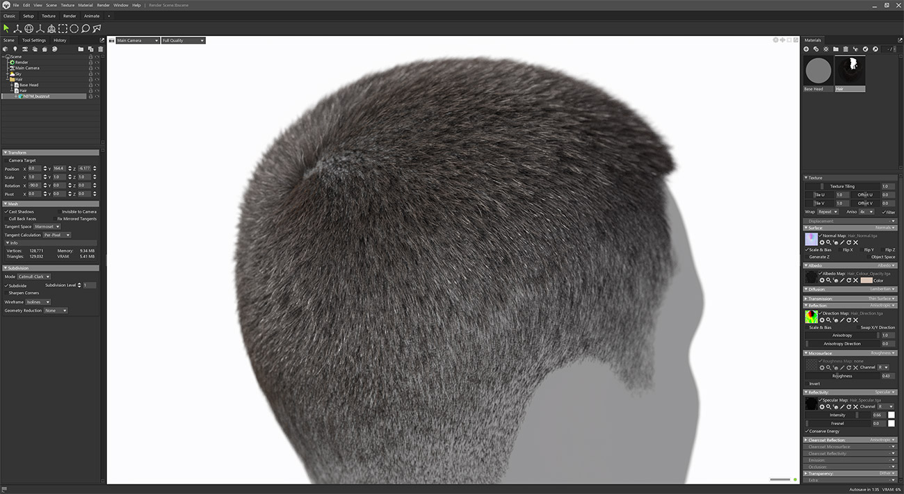 Rendering hair in marmoset