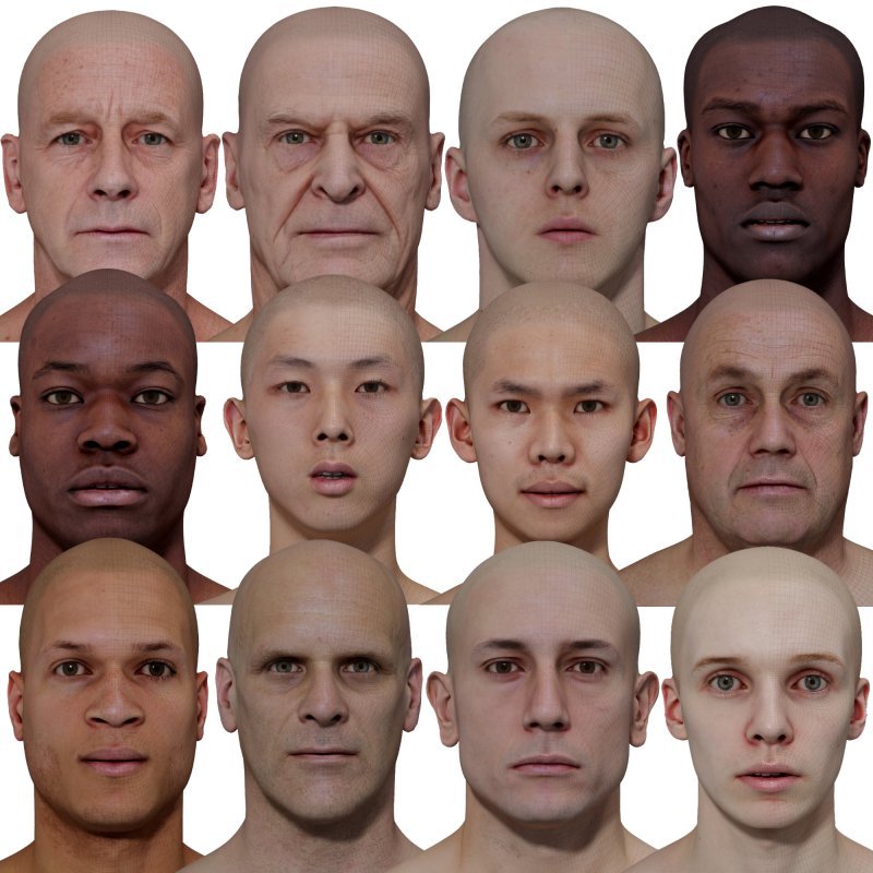 Male 3D model Bundle 02 / 12 x Retopologised Head Scans