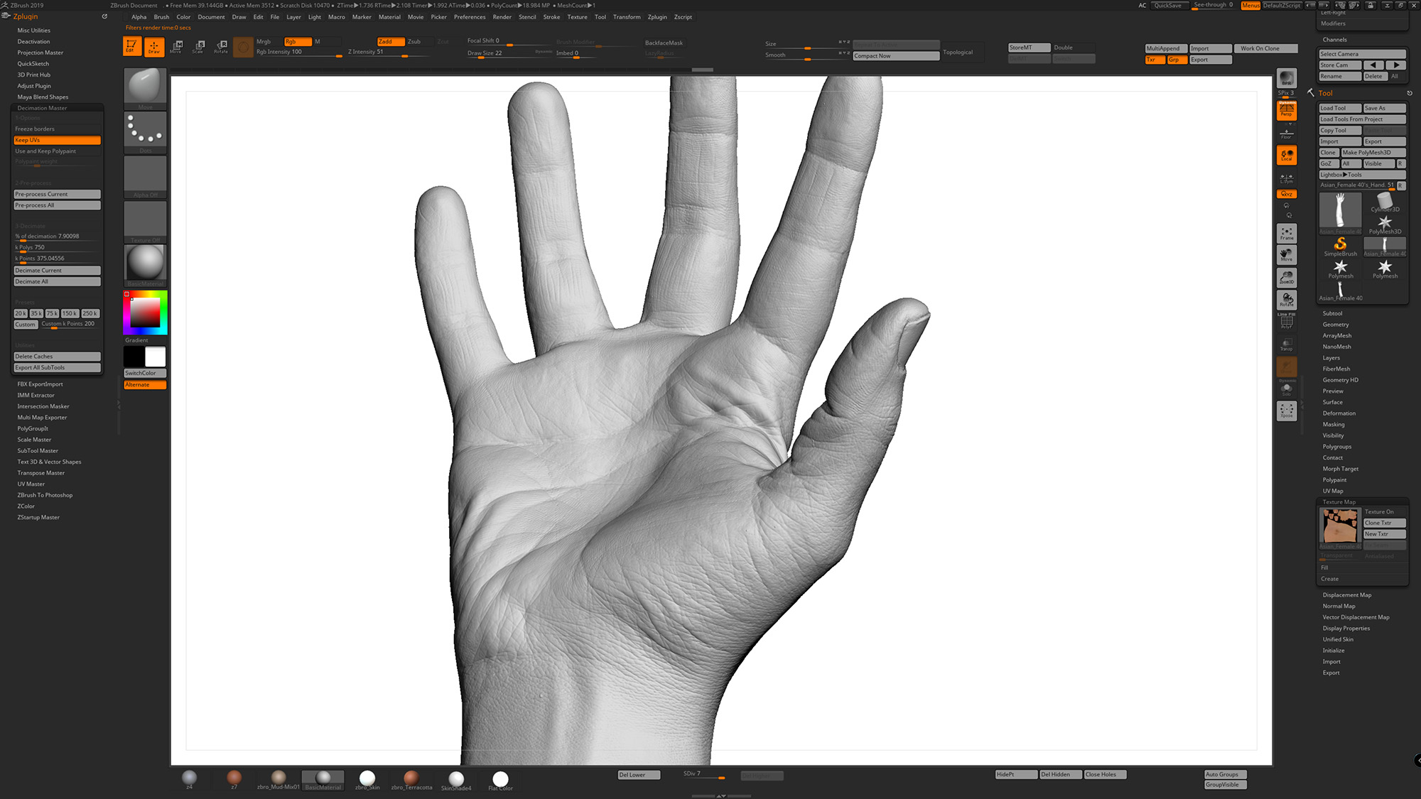 40's Hand model Asian Female scan in Zbrush 3D