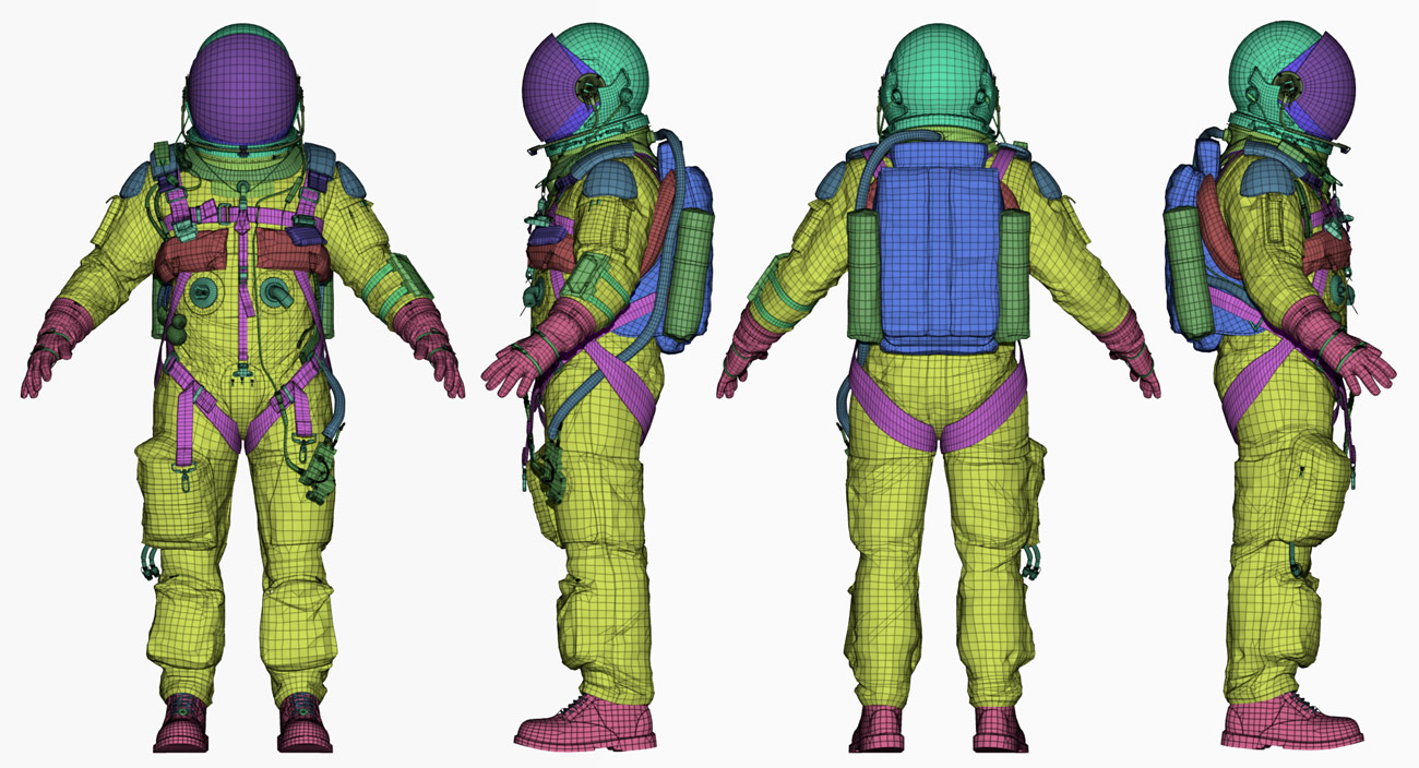 Low-poly game-ready mesh of Escape Suit model showing topology