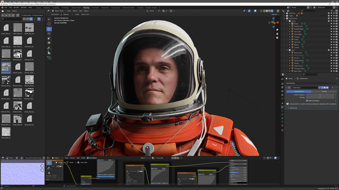 Detailed blender scene with lighting and PBR textures of a space suit 