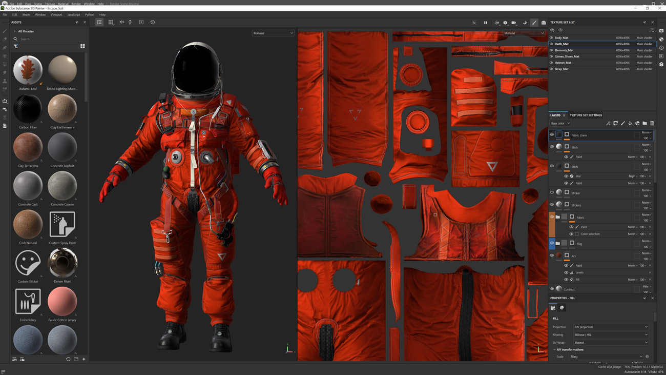 Substance Painter workspace showing Escape Suit smart materials and masks